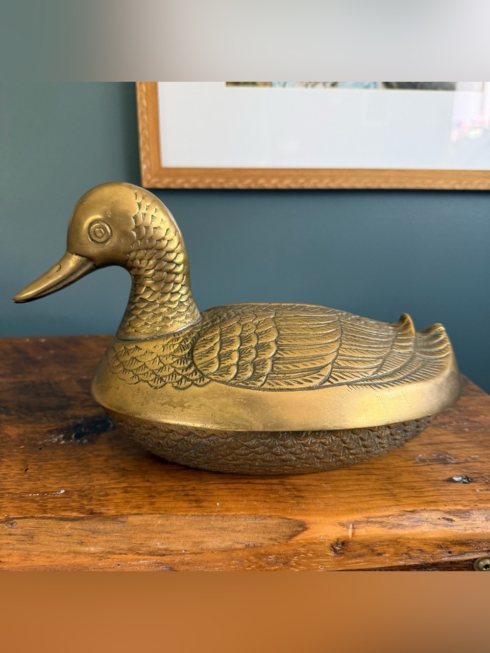 Large Brass Duck 2 Pieces Beautiful Detail Great Patina Trinket Box Key Dish